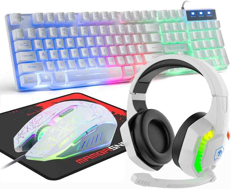 Mamba snakeゲーミングキーボードマウスヘッドホンセット USBメンブレン式 有線 防水多機能マルチメディアキー 2400DPI調整なマウス 6つのボタン マウスパッド付き ゲーミングヘッドセット RGBラ【虹色LEDバックライト】 マルチメディア虹色LEDバックライト・ゲーミングキーボード。（キーボード・ゲーミングマウスとマウスパッドセット）選択した煩悩を減らすことは、ファッション・ユーザーを探すためにデザインする。ファッションと现代の明るい外観デザインはどこにも適用される。ランプをつけない場合はこちらに連絡してください。【ゲーミングキーボード高速トリガー】 人間工学に基づいたデザイン104キー英語配列キーボードです。上質のアルミぞ材を外装に採用さてた、優れた耐久性を実現する上、マットな仕上りで、スタイリッシュな高級感を持ち出します。【マウスセット＆マウスパッド】 ホイールの下にある専用ボタンを押すことで、800/1,200/1600DPIと3段階変化する可変DPIのゲーミングマウス。1000万回の寿命、シリコン触感と6つのボタン(二つの側面ボタン、1つのDPIスイッチ)【ステレオサラウンドサウンド】この有線ゲーミングヘッドフォンは、高感度の40mmスピーカードライバーを備えた最高の素材でできており、豊かでクリアなHi-Fiサウンドを提供し、没入型のゲーム体験やリスニングのごちそうを提供し、ゲーム内の隠れた敵のアクションを見逃すことはありません。音楽を聴いたり、ビデオを見たりするときに、鮮明でクリアなサウンドをお楽しみください。【カラフルな RGB バックライト】イヤーパッドの外側に高品質の RGB LED ランプを内蔵し、ファッション的な外観を備えたこの軽量ゲーミング ヘッドセットは、使用時に 7 色の自動変化する呼吸バックライトを提供し、音楽を聴いたり踊ったりするのがさらに楽しくなります。音楽、ゲーム中の競争の雰囲気を高めます。