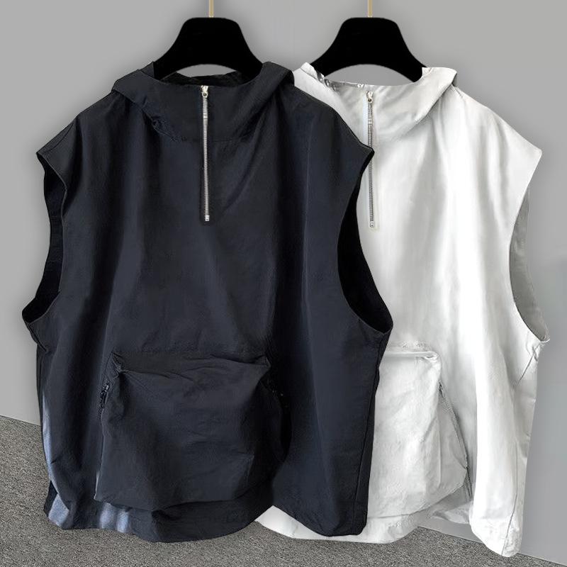 Tシャツ メンズ ノースリーブ フード付き パーカー ベスト プルオーバー トップス 男性用 スリーブレス タンクトップ チョッキ 無地 ゆったり ポケット付き カジュアル ストリート系 春 夏 サマー 薄手