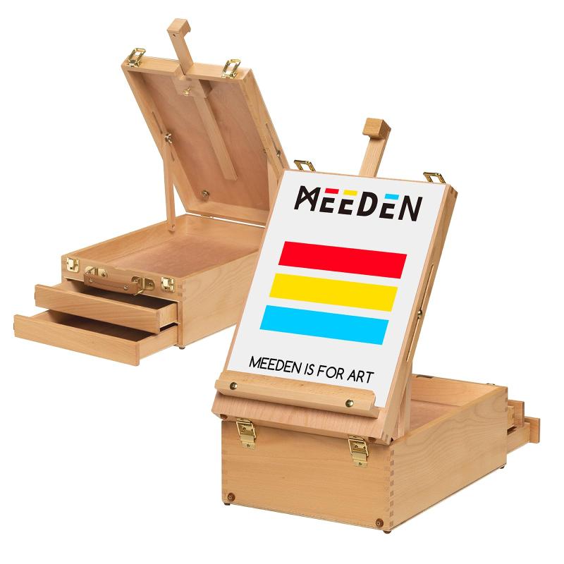 MEEDEN 卓上イーゼル ブナ木製 収納ボックス付き 引き出し付き 高さ調節 角度調節 折りたたみ式 携帯便利 最大63cmのキャンバスを収容でき デスクイーゼル スケッチ板 製図ボード 写生用 デッ【製品サイズ&amp;折りたたみ式】この木製卓上イーゼルは最大63センチのキャンバスを収納することができます。折りたたみ後のサイズは27×16×39 cmで、スケッチや旅行絵画に使用するために持ち歩くことができます。【高品質＆ブナ木製 安定性が高い】この木製卓上イーゼルは高品質で、滑らかに磨かれた木製の手で丁寧に作られています。金属製のロックファスナー付きで、丈夫で長持ちします。【ユニークなデザイン&amp;収納ボックス付き 引き出し付き】この卓上イーゼルは、スペースの大きなパネル、2つの引き出し、パレットが入った収納ボックスから構成されています。絵の具、ブラシ、キャンバス、マットを保管するのに十分なスペースがあります。【広い用途&amp;携帯便利】外出先でのペンキや収納用品をすべて満たしており、芸術家、芸術学生、初心者に最適です。ライブスケッチや旅行の絵画に持ち運ぶことができます。【安心】MEEDENは常に試してみる価値のある芸術材料を提供しています。この多機能で独立して調節可能なフレームフレームは、次の芸術冒険の完璧なパートナーです。