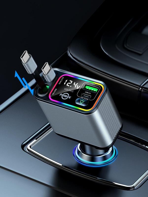 【巻き取り式】4台同時充電 車 充電器 シガーソケット usb-c 急速充電 4in1 カーチャージャー シュガーソケット 巻き取り式充電ケーブル 車載充電器 2本 Type-C カラー LED付き 電圧計を搭載 対応⚡【高出力145Wで高速充電車充電器】PDMAXのシガーソケット車載充電器、USB-Aポート+ USB-Cポート、さらにType-Cケーブル2本が内蔵された4in1の車載充電器です。最大145Wの高出力で、4台のデバイスを同時充電可能です。カーチャージャーには2本のType-Cケーブルが内蔵し、単独は最大36Wの電力を出力できる、同時に使用は合計最大72Wの電力を出力可能です。24V入力時には（一般的にトラックのシガーライターソケットで使用される）、USB-Cケーブルは最大65Wです。ドライブ中にタブレット、スマートウォッチ、イヤホンを充電しながら、スマートフォンの充電は、充電速度に劣りがなく高いパフォーマンスを発揮します。⚡【驚きの4台同時に急速充電】4台のデバイスを同時に充電、タブレット、スマートウォッチ、イヤホン、スマートフォンを待たずに急速充電できます。これ1つで4台まで充電することができます。出張、ドライブ、家族・団体・グループ旅行などいろんなシーンで活用できるしがーソケット4連usbです。 スマート電流管理機能により、お使いのデバイスを識別して、自動的に最適な出力に調整し、省エネながら、安定した電流で急速充電することが可能になります。⚡【巻き取り式ケーブルでスッキリ】煩わしいケーブルの取り回しはもう不要です。PDMAX 車載充電器は、カーチャージャーには2本のType-Cケーブルが内蔵し、巻き取り式ケーブルを採用することで、使用しない時のケーブルの収納問題を解決しています。3cmから80cmまで簡単に伸ばせ、前・後座席両方の方とも快適に充電できます。コンパクトに収納できるため、車内がすっきりとした印象になります。⚡【カラフルなLEDライト搭載】充電器本体にはスタイリッシュなLEDライトが付き、カラフルなLEDライトが内蔵されています。レインボー、ホワイト、オフの3つのモードを切り替えられます。夜間の車内を明るく照らし、おしゃれな雰囲気を演出します。⚡【急速充電対応と幅広い互換性】PD3.0、QC4.0、PPSなど、複数の急速充電規格に対応しています。iPhone、Androidなど、タブレット、イヤホン、モバイル電源、スポーツウォッチなど100%の機器の充電に対応しております。様々なデバイスに対応できるのも魅力の一つです。⚡【12V/24V車での使用に対応】12Vと24Vのどちらにも対応しているので、軽自動車からトラックまでほぼ全てのシガーソケット装備車で使用可能。iPhoneおよびAndroid などのスマートフォン、タブレット、イヤホン、モバイル電源、スポーツウォッチ、IQOS、ゲーム等機器の充電に対応しております。⚡【安心の電圧表示機能&amp;安全保護】車のバッテリー電圧をリアルタイムで表示する機能も備えています。バッテリーの状態を常に把握できることで、安心して運転に集中できます。バッテリーの異常を早期に発見し、トラブルを未然に防ぐことができるため、安全性向上に貢献します。精密なスマートチップを利用して、過充電、過電流、過電圧、過負荷、電圧低下、温度異常、サージ異常に対する多重保護システムを搭載し安全に充電でき、デバイスや車への負荷も軽減できるので、安心して使用できます。