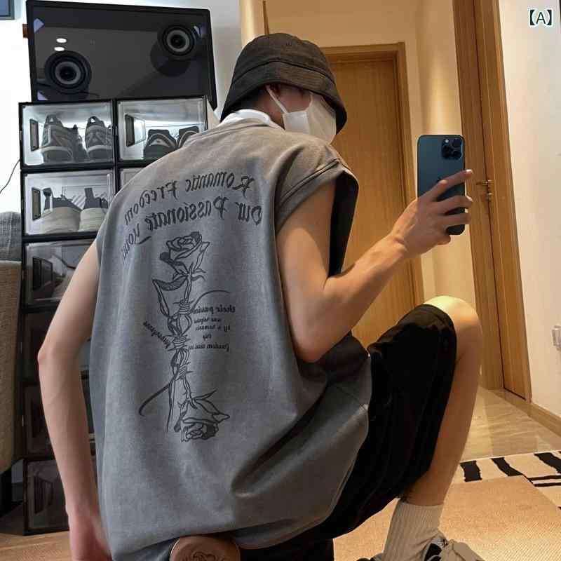 タンクトップ メンズ 男性用 ノースリーブ tシャツ トップス カットソー スエード 薔薇 ローズ モチーフ スポーツ ビッグサイズ 大きいサイズ カジュアル ヴィンテージ風 レトロ 日系 重ね着 部屋着 普段着