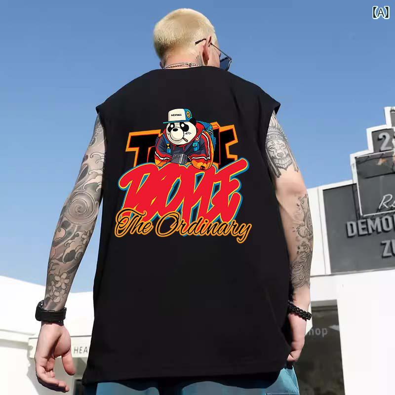 Tシャツ メンズ 男性用 トップス ノースリーブ 袖なし タンクトップ ベスト ゆったり ビッグシルエット 大きいサイズ 派手 快適 キャラクター プリント カジュアル アウトドア リゾート ビーチウエア インナー