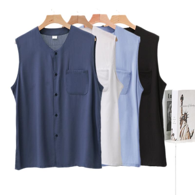 タンクトップ メンズ シニア ノースリーブ Tシャツ レーヨン ルームウェア パジャマ 薄手 大きいサイズ 前開き トップス 部屋着 カジュアル 普段使いやすい 涼しい vision-stores-10278930 ビジョンストア パッケージ画像