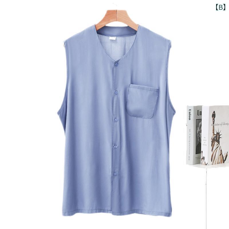 タンクトップ メンズ シニア ノースリーブ Tシャツ レーヨン ルームウェア パジャマ 薄手 大きいサイズ 前開き トップス 部屋着 カジュアル 普段使いやすい 涼しい vision-stores-10278930 ビジョンストア サンプル画像3