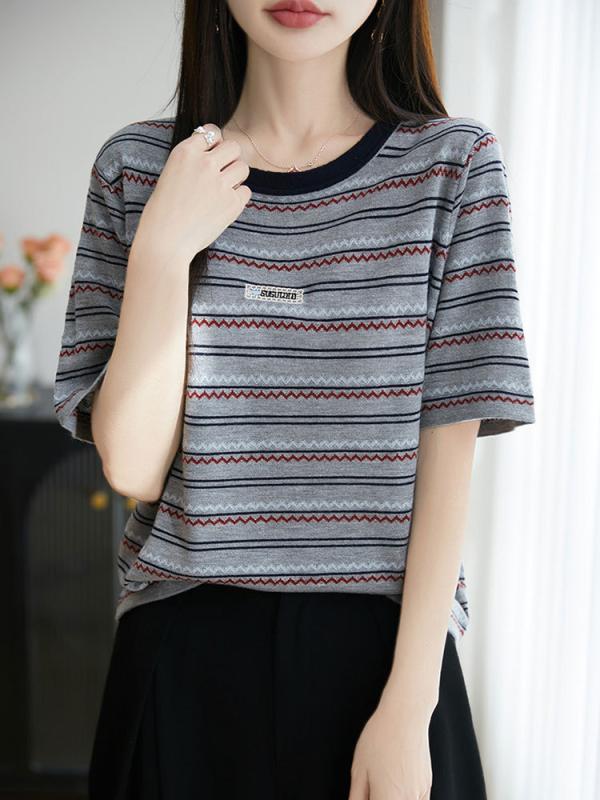 Tシャツ レディース 半袖 カットソー トップス 丸首 クルーネック 接触冷感 配色 切り替え ボーダー ストライプ リブニット プルオーバー 薄手 軽量 伸縮性 通気性 カジュアル きれいめ フェミニン オフィス 通勤 通学