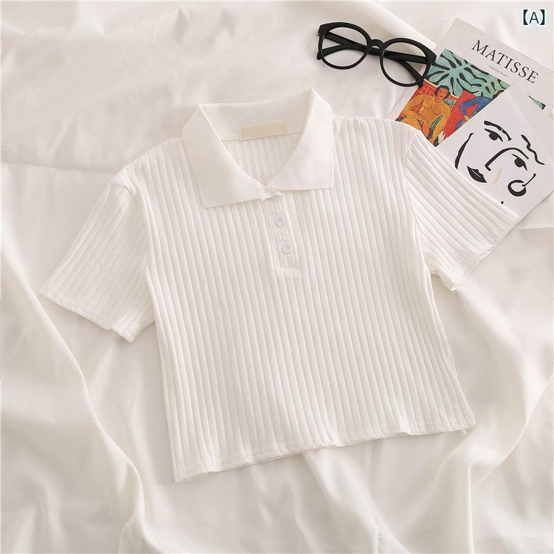 Tシャツ ポロシャツ レディース 半袖 カットソー トップス 白 ポロネック 襟付き ショート丈 スリム フィット 正肩 ハイウエスト プルオーバー 伸縮性 薄手 カジュアル 無地 通学 通勤 普段使い 春夏 サマー vision-stores-10279112 ビジョンストア サンプル画像2