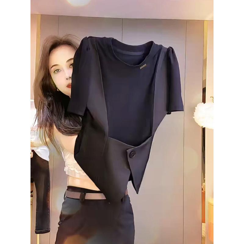 Tシャツ レディース カットソー トップス 半袖 丸首 クルーネック 切り替え フェイクレイヤード 重ね着風 假两件 薄手 伸縮性 通気性 カジュアル シンプル フェミニン オフィス 通勤 通学 普段使い 春夏 サマー