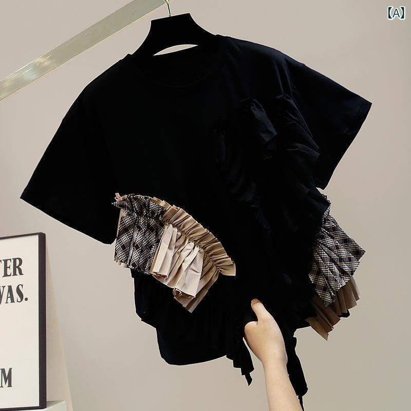 Tシャツ レディース カットソー 半袖 トップス 不規則 フリル ティアード 切り替え バイカラー 配色 クルーネック 丸首 伸縮性 ストレッチ 薄手 通気性 カジュアル シンプル 普段使い お出かけ プルオーバー 春夏 vision-stores-10279596 ビジョンストア サンプル画像2