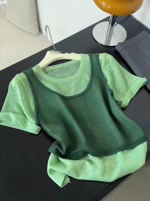 ・カテゴリ: Tシャツ・スタイル: カジュアル、日韓カジュアル・デザイン: 異素材レイヤード（フェイクツーピース）・袖丈: 半袖・仕様: パッチワーク、ステッチ・シルエット: ルーズフィット・着丈: 標準（約50cm超～65cm以下）・ネックライン: クルーネック・袖の種類: レギュラースリーブ・カラー展開: グリーン・サイズ展開: フリーサイズ