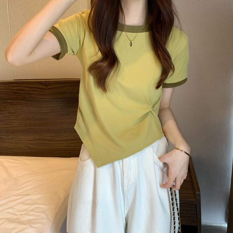 Tシャツ レディース 春夏 半袖 カットソー プルオーバー トップス クルーネック 配色 切り替え 不規則 変形デザイン ショート丈 ショートトップス カジュアル キレイめ 上品 個性的 通学 学生 ジュニア