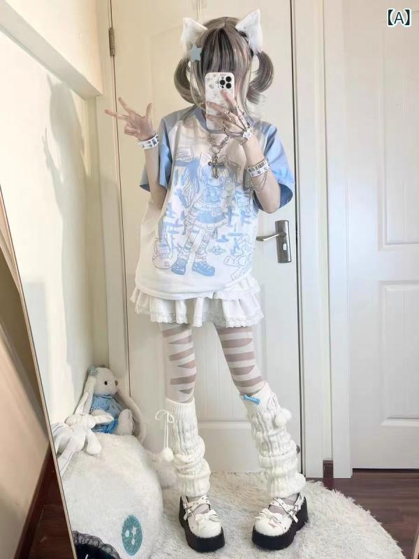 Tシャツ レディース カットソー 半袖 トップス 切り替え クルーネック 丸首 萌え 2次元 かわいい 甘め カジュアル プルオーバー ルーズ チュニック ギャル ストリート 通学 学生 ティーンズ 春夏 サマー コーデコレーション