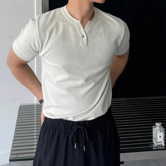 ニット サマーニット メンズ 男性用 トップス 半袖 Vネック ヘンリーネック Tシャツ プルオーバー カットソー カジュアル ビジネス 紳士服 上着 薄手 軽量 通気性 伸縮性 無地 シンプル 高級感 春夏