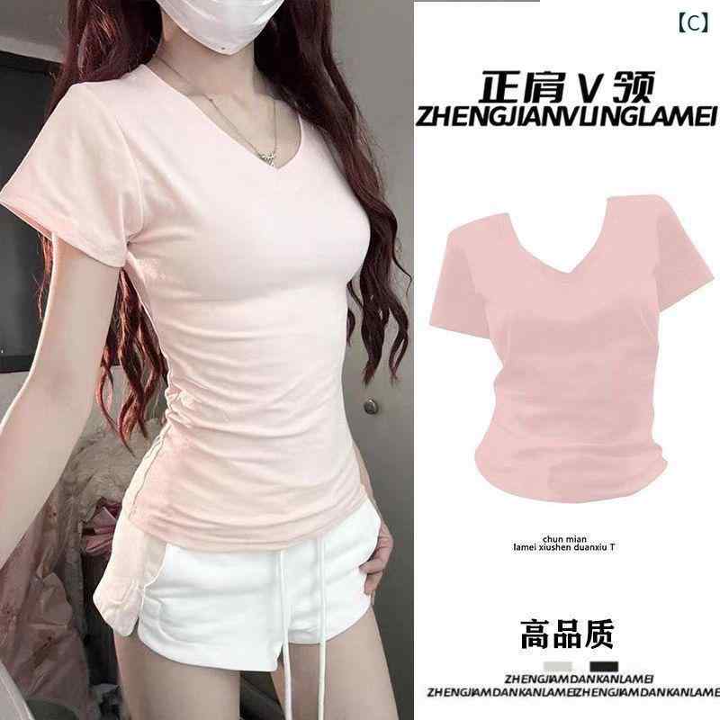 Tシャツ レディース 半袖 Vネック 精梳綿 細見え 着痩せ トップス カットソー ギャル服 アメリカンスタイル 無地 ブラック 伸縮性 通気性 カジュアル 普段使い インナー 春夏 vision-stores-10282425 ビジョンストア サンプル画像3