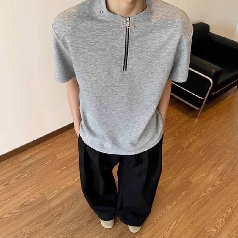 Tシャツ メンズ 半袖 プルオーバー ハーフジップ 立ち襟 スタンドカラー 五分袖 カットソー トップス カジュアル アメリカン ストリート 重磅 ヘビーウェイト クリーンフィット ボタン 無地 ゆったり シルエット 春夏