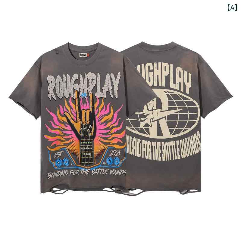 Tシャツ メンズ レディース 半袖 長袖 トップス カットソー 穴あき加工 ヴィンテージ風 ウォッシュ加工 ラインストーン付き カジュアル ストリート系 ルーズシルエット オーバーサイズ カップル ペアルック