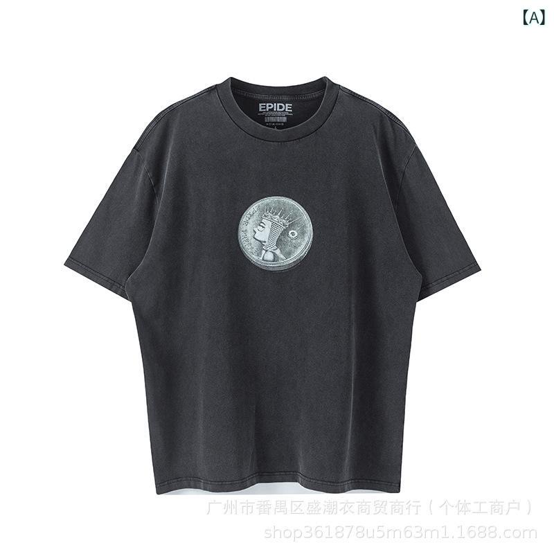 Tシャツ メンズ レディース マイケルジャクソン プリント ウォッシュ加工 ヴィンテージ風 レトロ ラウンドネック 丸首 トップス カットソー 半袖 カジュアル コットン 綿 ストリート チャコール グレー ブラック