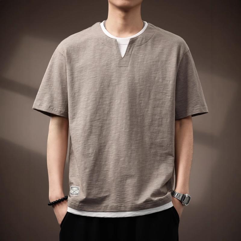 Tシャツ メンズ 半袖 スラブ天竺 レイヤード風 重ね着風 和風 レトロ ヴィンテージ風 トップス カットソー プルオーバー 男性用 紳士 丸首 クルーネック ゆるTシャツ ビッグシルエット 大きいサイズ 接触冷感 薄手 涼しい 無地 部屋着 カジュアル