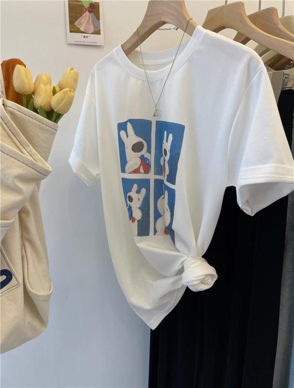 Tシャツ レディース カットソー トップス 半袖 綿 コットン 夏 サマー 快適 通気性 伸縮性 普段使い デイリーユース カジュアル ルームウェア 部屋着 楽ちん 大きめ オーバーサイズ ドロップショルダー ビッグシルエット クルーネック 丸首 キャラ