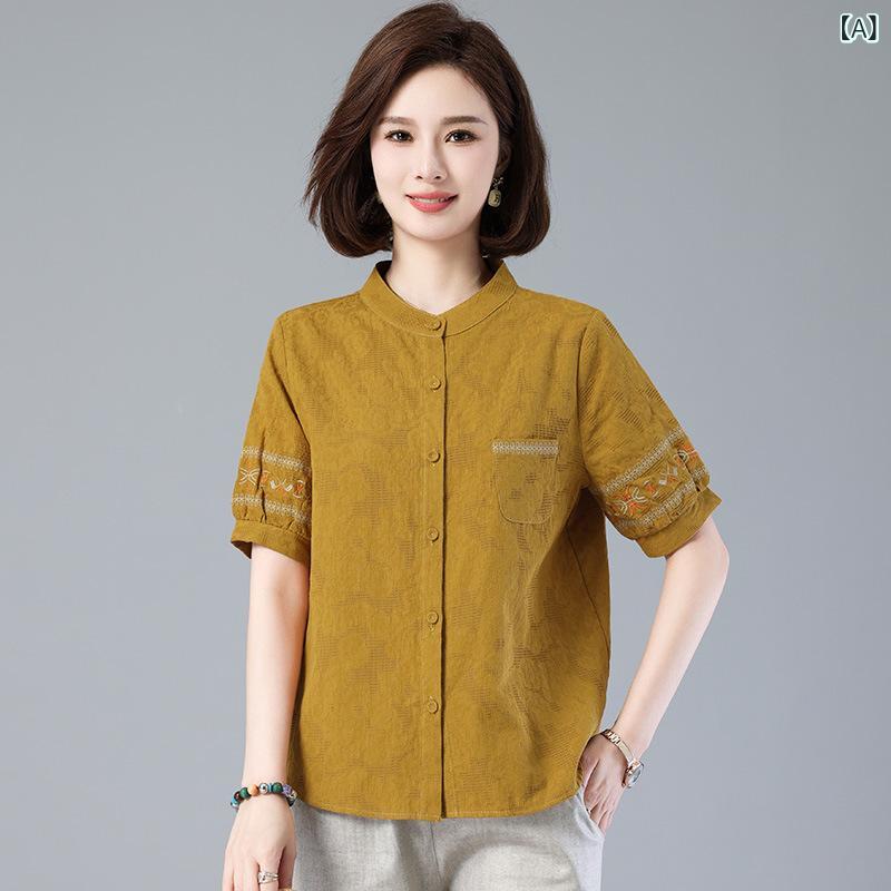 シャツ レディース トップス 綿100% スタンドカラー 半袖 ゆったり 大きいサイズ ママ 中高年 ミセス 春夏 カジュアル 無地 vision-stores-10291696 ビジョンストア サンプル画像2