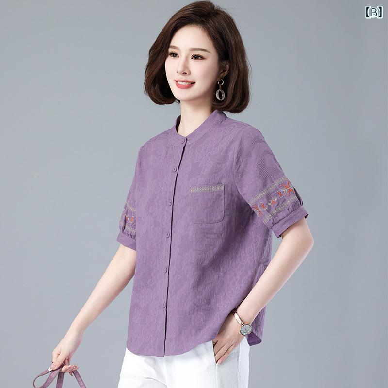 シャツ レディース トップス 綿100% スタンドカラー 半袖 ゆったり 大きいサイズ ママ 中高年 ミセス 春夏 カジュアル 無地 vision-stores-10291696 ビジョンストア サンプル画像3