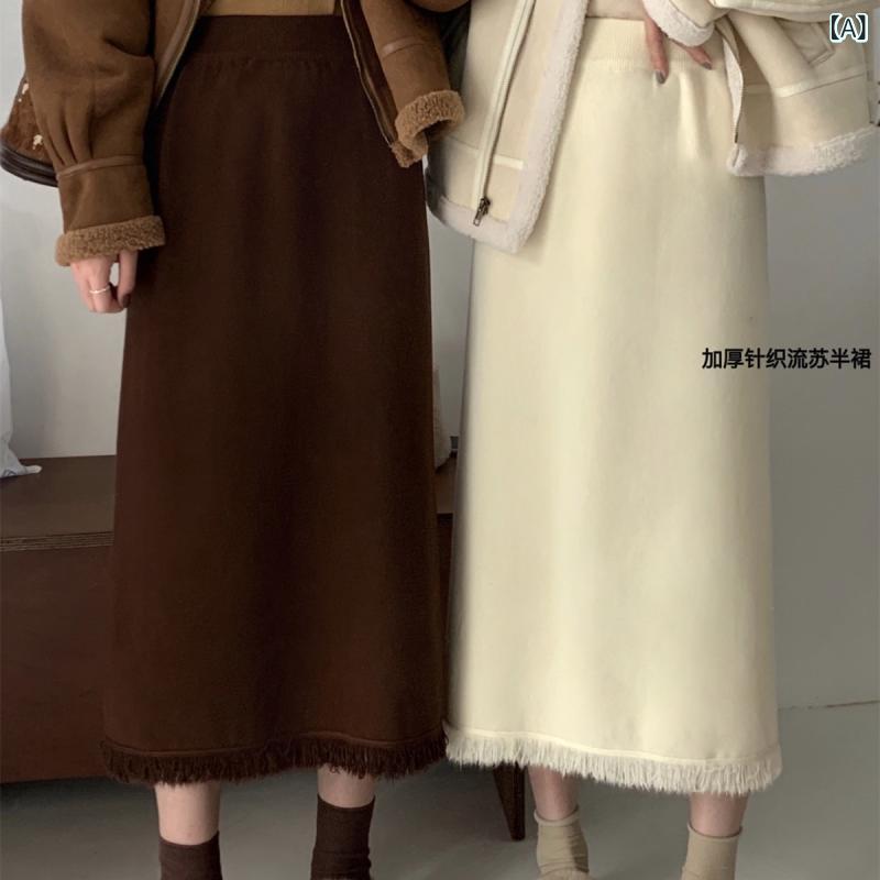 スカート レディース 秋冬 ハイウエスト ニット ストレート ミモレ丈 フリンジ ヴィンテージ風 レトロ ソフトタッチ シンプル きれいめ 大人カジュアル 着回し力抜群 美脚効果 伸縮性 vision-stores-10294034 ビジョンストア サンプル画像2