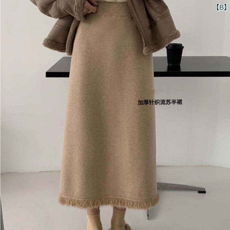 スカート レディース 秋冬 ハイウエスト ニット ストレート ミモレ丈 フリンジ ヴィンテージ風 レトロ ソフトタッチ シンプル きれいめ 大人カジュアル 着回し力抜群 美脚効果 伸縮性 vision-stores-10294034 ビジョンストア サンプル画像3