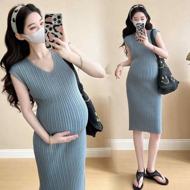 ワンピース レディース 妊婦 マタニティ 春夏 Vネック リブ ニット スリム タイト 痩せ見え 伸縮性 デザイン性 低身長向け きれいめ エレガント
