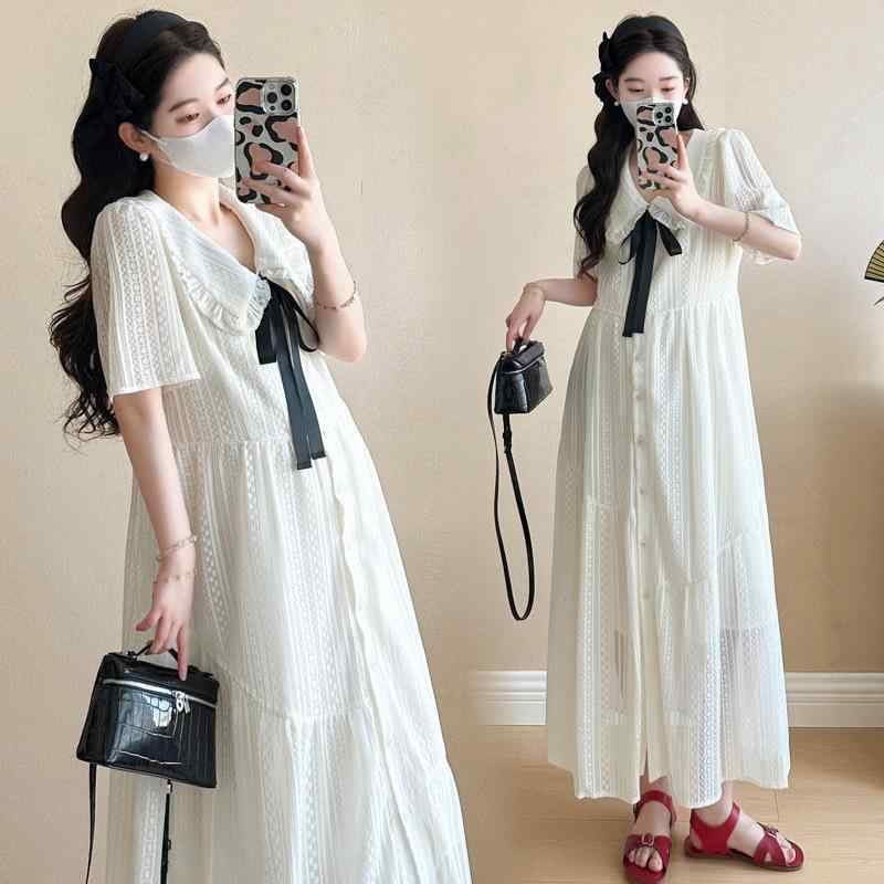 ワンピース マタニティ レディース ミディアム丈 ロング丈 妊婦服 体系カバー ゆったり エレガント きれいめ カジュアル フェミニン オールシーズン お腹楽ちん お出かけ 普段使い マタニティウェア・カテゴリ: 连衣裙・ネックライン: 娃娃领・袖丈: 三分袖・素材: 涤纶（聚酯纤维）95%以上・柄: 纯色・スカート丈: 中长裙・カラー展開: 白色・サイズ展開: M,L,XL,2XL・スカートタイプ: A字裙・スタイル: 清新甜美・流行の要素: 绑带・袖型: 常规袖・加工技術: 免烫处理