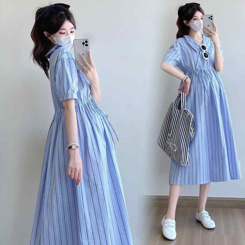 ロングワンピース レディース ブルー ストライプ柄 娃娃領 妊婦服 マタニティ 授乳服 可愛い 日常使い カジュアル 春夏・カテゴリ: ワンピース・ネックライン: ラウンドネック・袖丈: 三分袖・素材: ポリエステルコットン・メイン素材: ポリエステル・混率: ポリエステル50-70%・着丈: ミモレ丈・カラー: ブルー・サイズ: M, L, XL, 2XL・シルエット: Aライン・スタイル: カジュアル・袖のタイプ: レギュラー