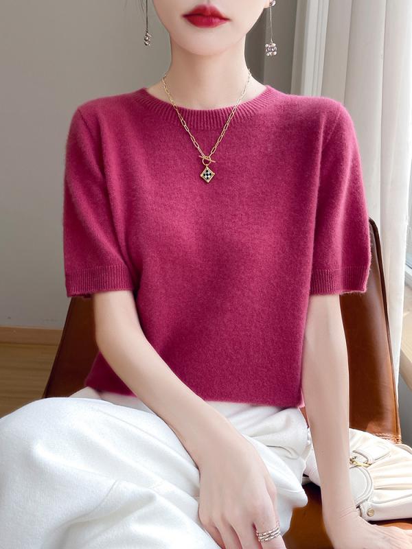 ニット レディース 半袖 丸首 無縫製 Tシャツ カットソー スリムフィット ウール 秋冬