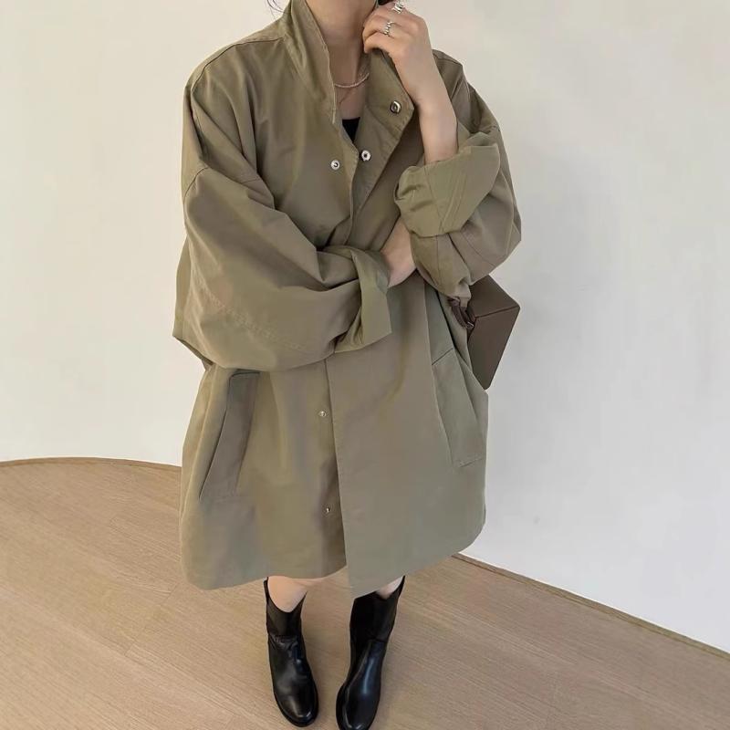 トレンチコート レディース 韓国風 春服 アウター 長袖 立ち襟 ルーズシルエット カジュアル きれいめ 無地 羽織り 軽量 おしゃれ