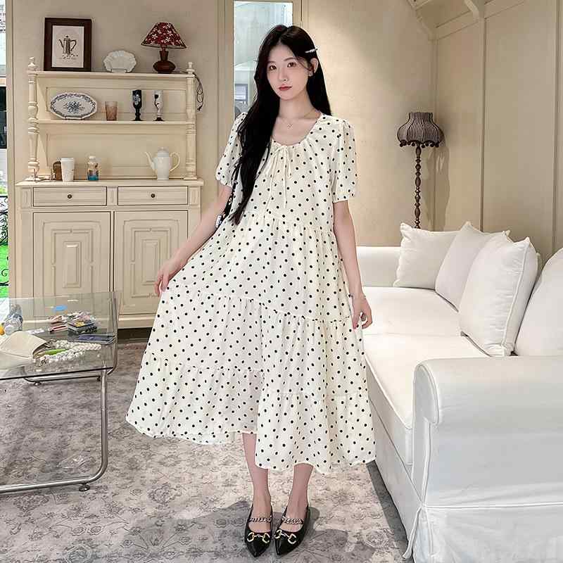 マタニティワンピース レディース 春夏 おしゃれ ドット柄 ロング丈 体型カバー フェミニン 着痩せ 若見え 清楚系 カジュアル きれいめ ママコーデ お出かけ ゆったりシルエット 柔らかい素材 ナチュラル スタイルアップ