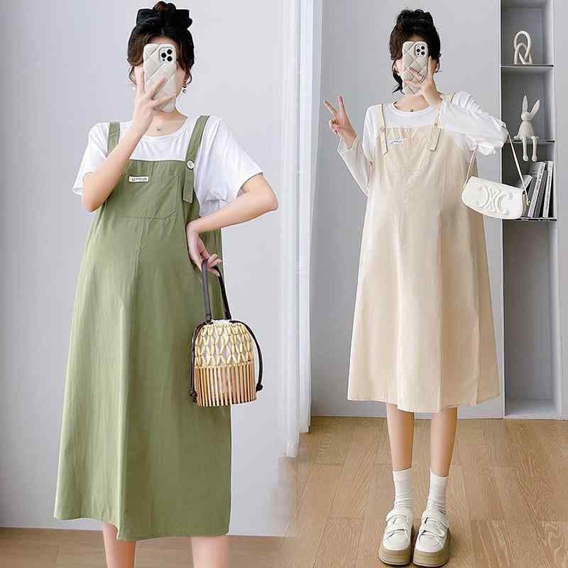 ワンピース マタニティ レディース ミモレ丈 重ね着風 サロペットスカート 綿 コットン 妊婦服 ゆったり 大きいサイズ オールシーズン カジュアル・カテゴリ: 连衣裙・ネックライン: ラウンドネック・袖丈: 三分袖・素材: 綿・素材混率: 綿95%以上・柄: 無地・スカート丈: ミディアム丈・カラー展開: グリーン, ブルー, アプリコット・サイズ展開: M, L, XL, XXL・シルエット: ジャンパースカート・スタイル: ナチュラル・スウィート・デザイン要素: サスペンダー・袖の形状: 通常袖・素材（その他）: スパンデックス30%以下