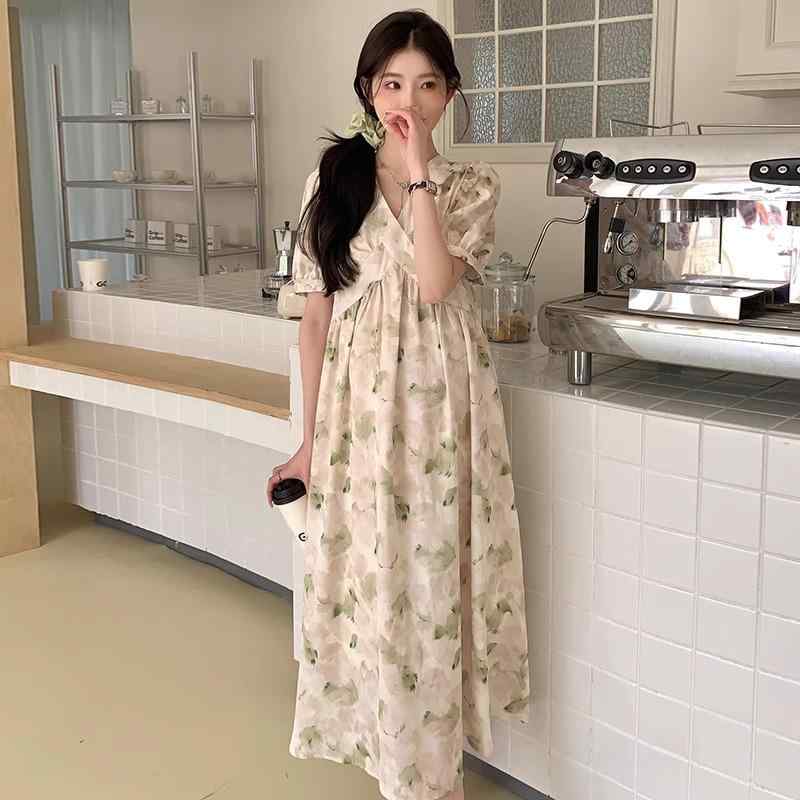ワンピース レディース マタニティ 半袖 Vネック 膝丈 ロング丈 花柄 薄手 ゆったり 体型カバー 韓国ファッション 可愛い おしゃれ 大人 きれいめ エレガント リゾート 春夏