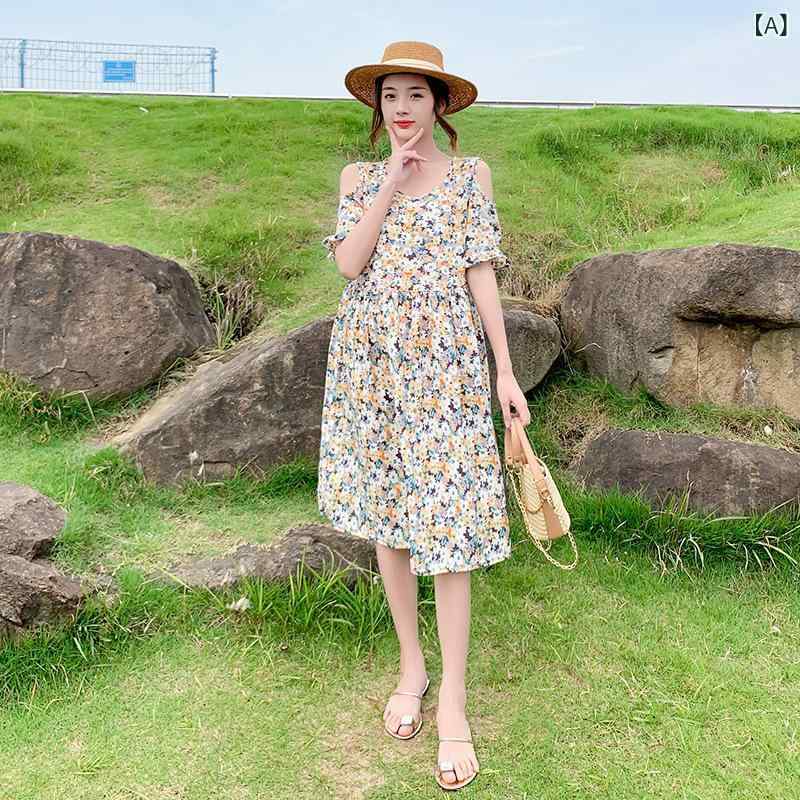 ワンピース マタニティ レディース 肩出し 半袖 ひざ丈 ロング丈 涼しい かわいい ...