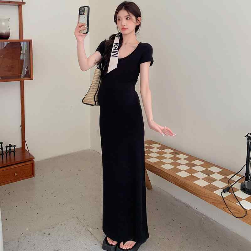 ワンピース マタニティ レディース 夏服 韓国風 ストレッチ 伸縮性 痩せ見え 綺麗め フェミニン 普段着 カジュアル 通勤用 リラックス シンプル 無地