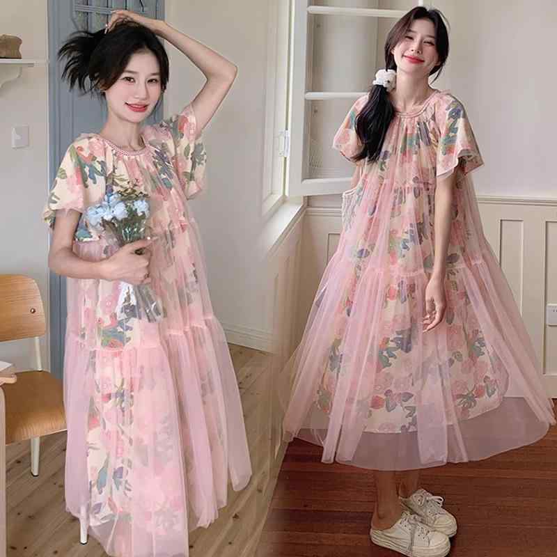 ワンピース レディース 妊婦服 マタニティウェア ロング丈 チュール 切り替え 花柄 小花柄 ふんわり ゆるやか カジュアル 普段着 かわいい カラフル 春夏