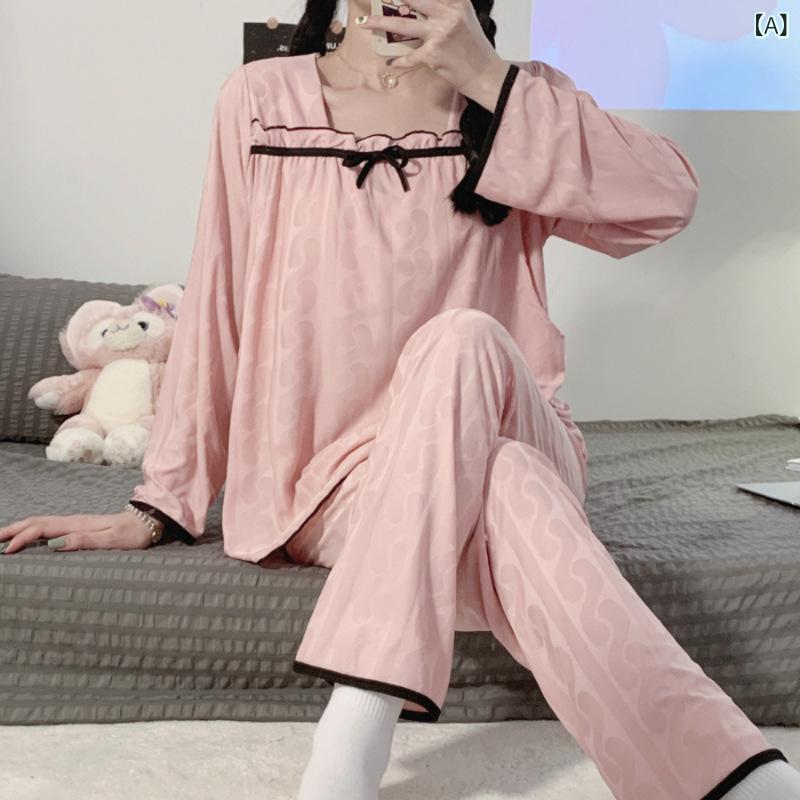 ビジョンストアのパジャマ レディース マタニティ 授乳服 ルームウェア 長袖 長ズボン 上下セット スクエアネック かわいい 韓国風 オールシーズン 部屋着 産前産後 入院着 ホームウェア リラックスウェア｜アングル2