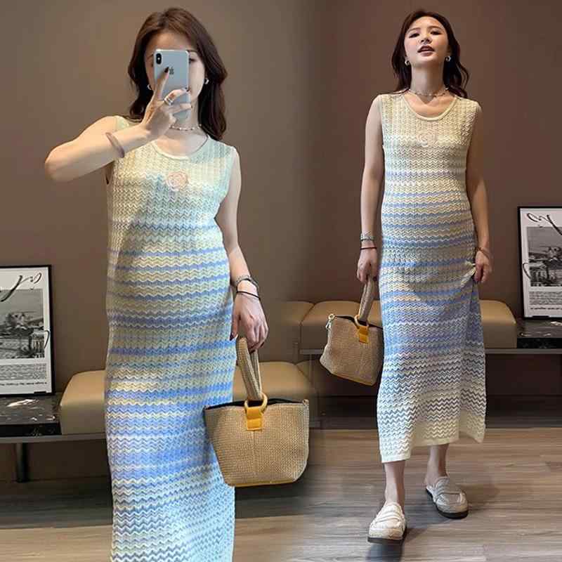 マタニティワンピース レディース 夏 韓国風 ゆったり カメリア グラデーション ニット袖 ノースリーブ ロング丈 体型カバー 妊婦服 お出かけ 部屋着 カジュアル エレガント きれいめ フェミニン 柔らか素材 快適 涼しい 通気性
