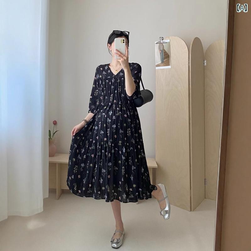 ワンピース レディース 妊婦 マタニティ レトロ フレンチスタイル 花柄 Vネック シ...