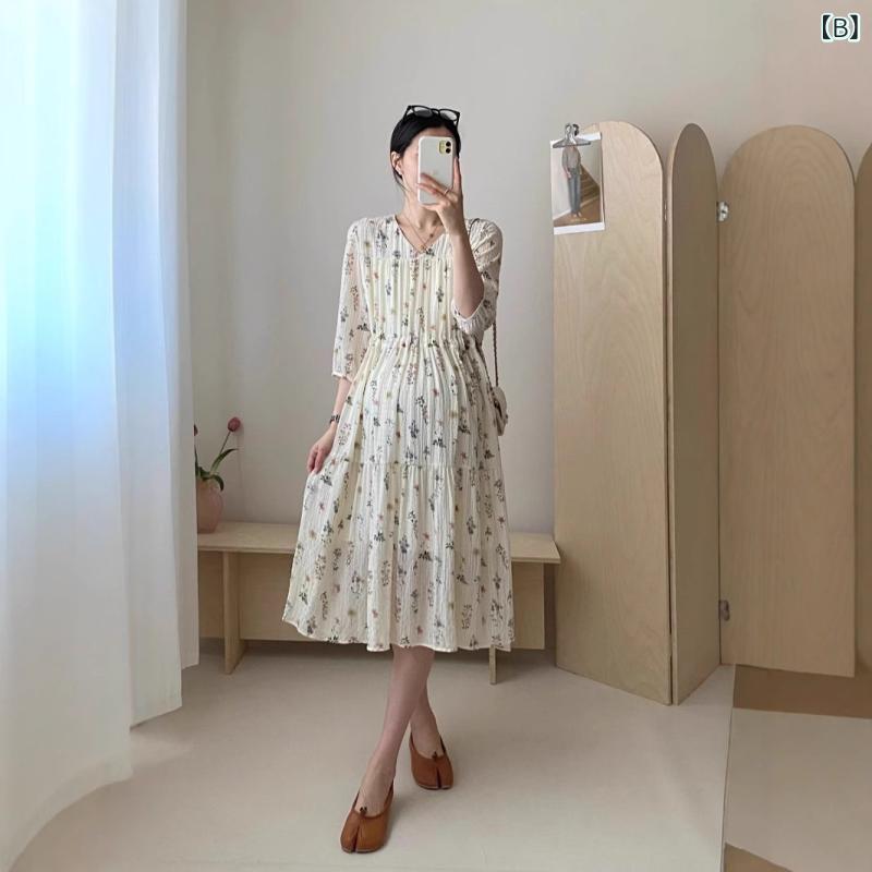 ワンピース レディース 妊婦 マタニティ レトロ フレンチスタイル 花柄 Vネック シ...