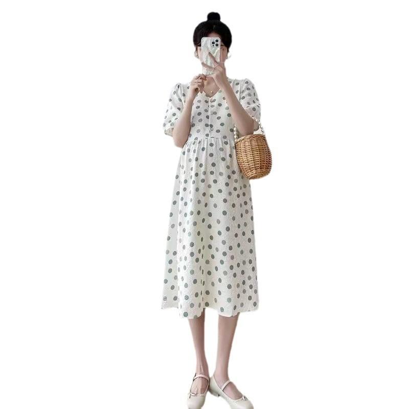 マタニティワンピース レディース 授乳服 春夏 Vネック ドット柄 着痩せ お腹カバー 着回し力抜群 通勤用 カジュアル 韓国風 快適な着心地 ロング丈 ゆったりシルエット 体型カバー