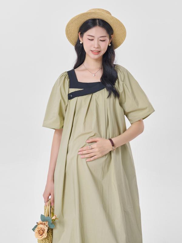 ワンピース マタニティ レディース 春夏 フランス風 スクエアネック 半袖 ロング丈 妊婦服 ゆったり 体系カバー カジュアル 普段着