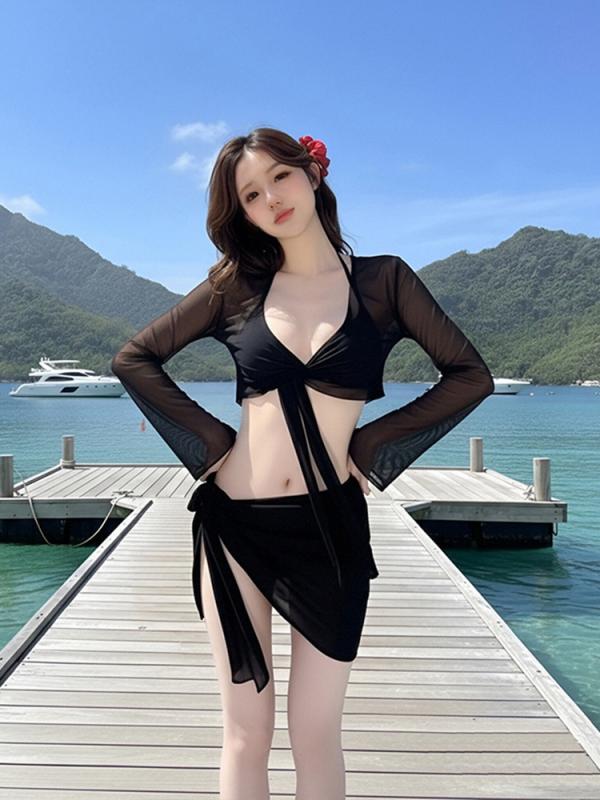 水着 レディース ビキニ 4点セット 長袖 ラッシュガード 日焼け防止 セクシー 露出控えめ オールシーズン 赤 無地 スタイルアップ スイムウェア ビーチ リゾート アウトドア