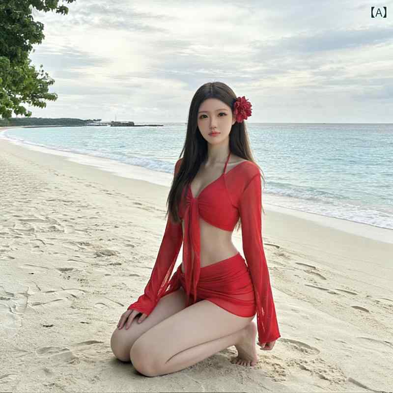ビジョンストアの水着 レディース ビキニ 4点セット 長袖 ラッシュガード 日焼け防止 セクシー 露出控えめ オールシーズン 赤 無地 スタイルアップ スイムウェア ビーチ リゾート アウトドア｜アングル2