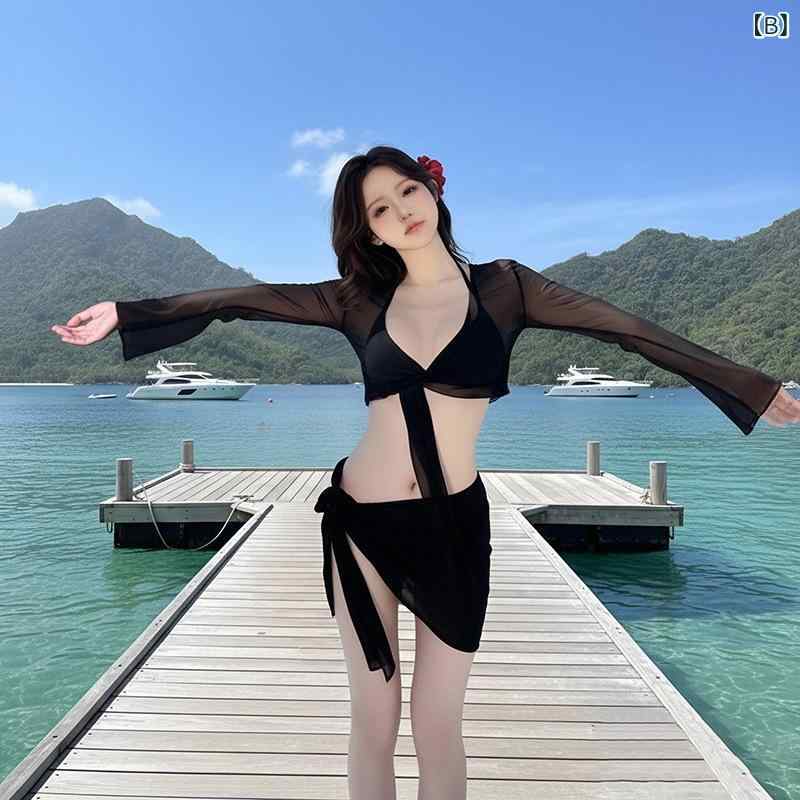 ビジョンストアの水着 レディース ビキニ 4点セット 長袖 ラッシュガード 日焼け防止 セクシー 露出控えめ オールシーズン 赤 無地 スタイルアップ スイムウェア ビーチ リゾート アウトドア｜アングル3