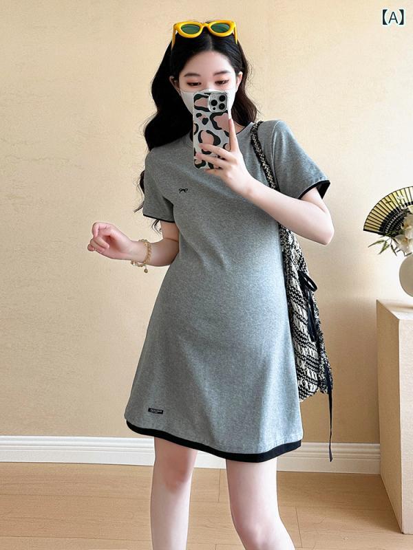ワンピース マタニティ レディース ニット 重ね着風 春夏 妊婦服 韓国風 膝丈 長袖