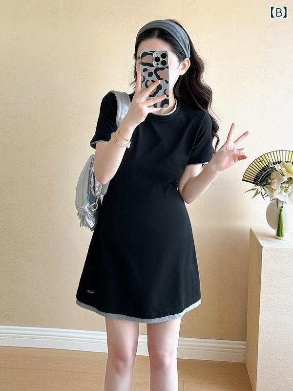 ワンピース マタニティ レディース ニット 重ね着風 春夏 妊婦服 韓国風 膝丈 長袖