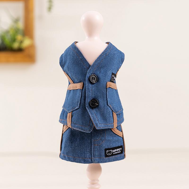 ペット服 ワンピース 女の子 春夏 デニム ベスト スカート セットアップ ドッグウェア 制服 散歩用 小型犬 中型犬 テディ ビションフリーゼ おしゃれ
