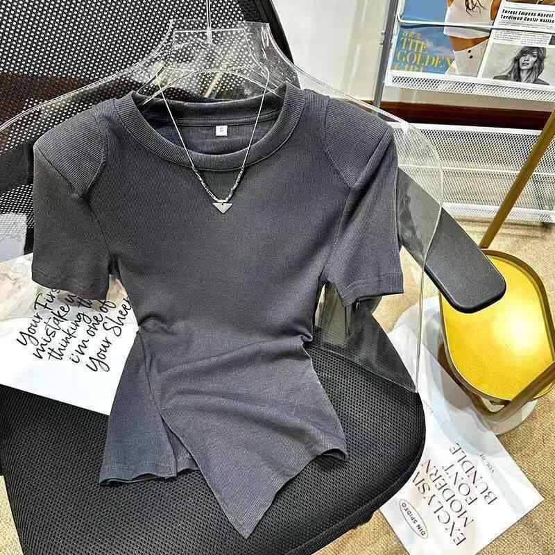 Tシャツ レディース 半袖 トップス コットン リブ パッド入り 肩パッド 不規則 アシンメトリー スリム 細見え デザイン性 無地 シンプル カジュアル クルーネック 体型カバー・素材: 綿90%以上・袖丈: 半袖・ネックライン: クルーネック・デザイン: 螺纹、無地・カラー展開: ブラック、ホワイト、グレー・サイズ展開: S、M、L、XL、2XL・スタイル: 都市風、通勤